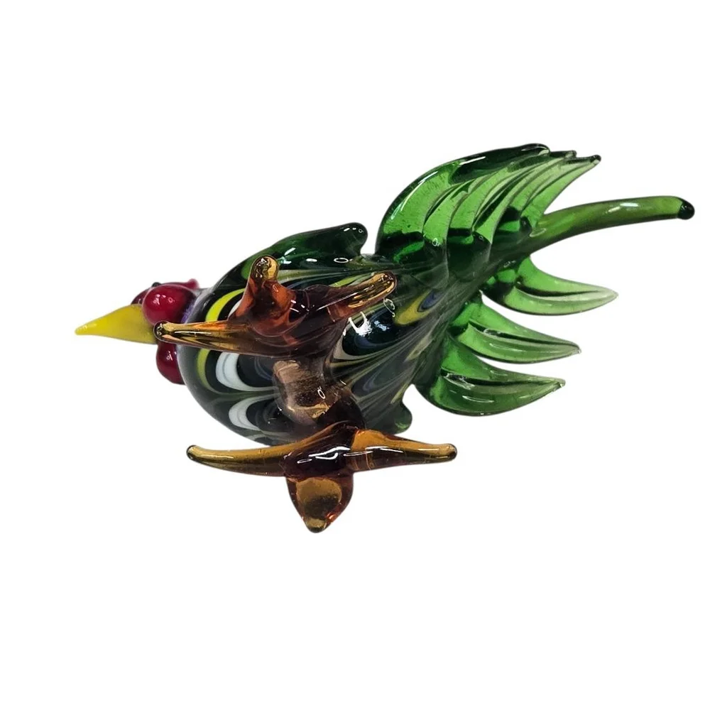 Pier 1 Imports Ranger the Rooster Glass Figurine Farm Bird Green Red with Box
